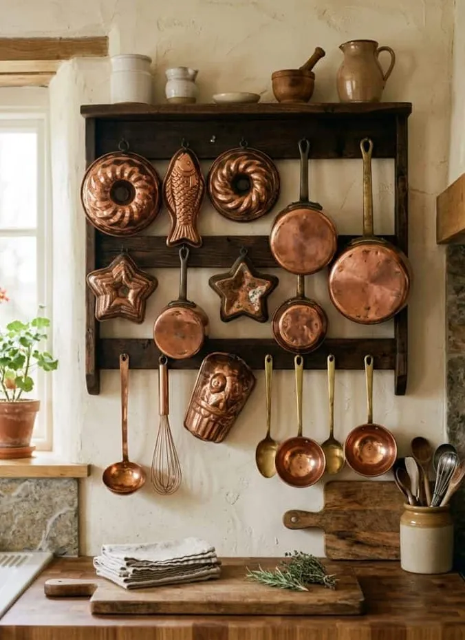 Vintage copper molds arranged as decor for a Thanksgiving table