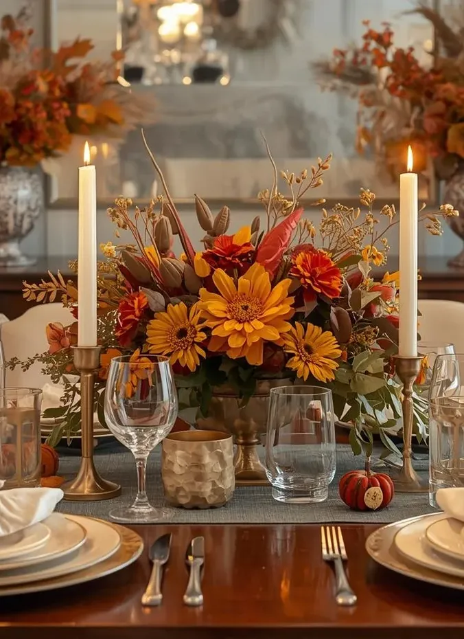 Brass candlesticks with taper candles glowing on a Thanksgiving table