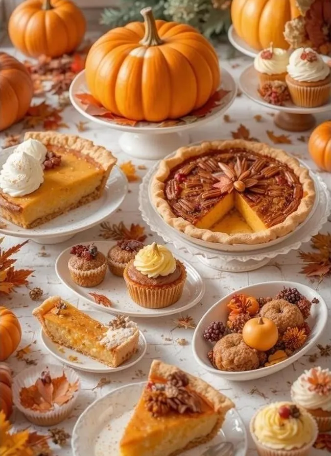 Thanksgiving pies displayed on a vintage cake stand