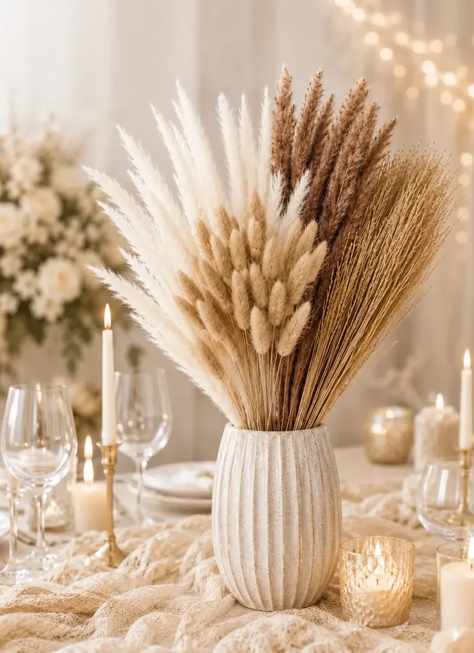 Pampas grass in a ceramic vase wedding centerpiece