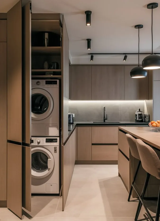Washer and dryer stack hidden within kitchen cabinetry
