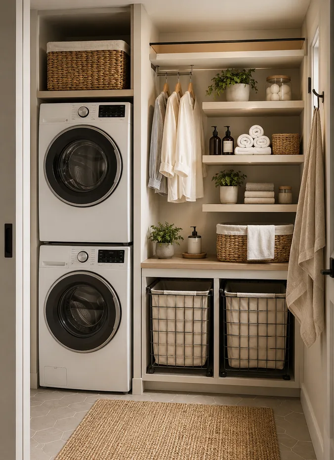 Small laundry room with stacked washer dryer and shelves converted from a pantry