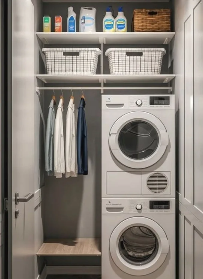 Open shelves with laundry supplies above a washer dryer stack