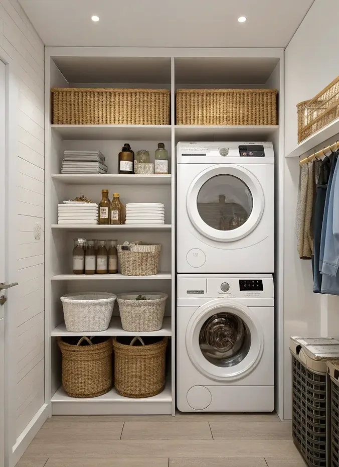Laundry baskets organized in a nook under a shelf