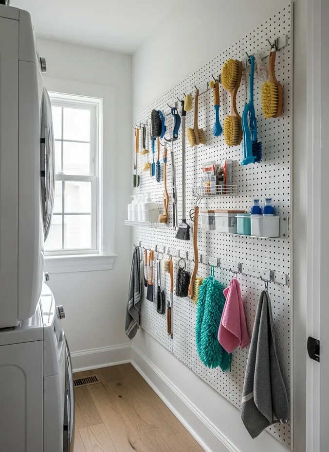 Pegboard organizing laundry supplies on a side wall