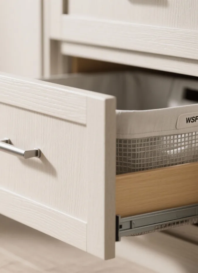 Pull out hamper drawer in a laundry cabinet