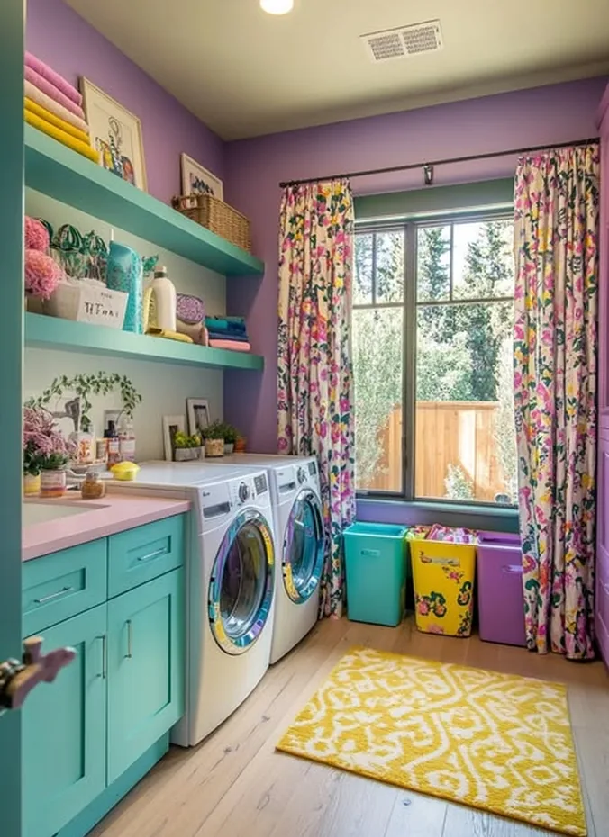 Laundry closet painted a cheerful color around stacked machines