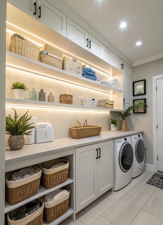 Puck lights glowing under laundry room shelves