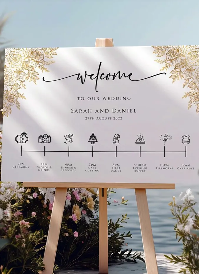 Wedding order of events timeline sign in gold frame