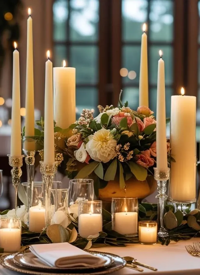 Taper candles in holders with flowers on a wedding table