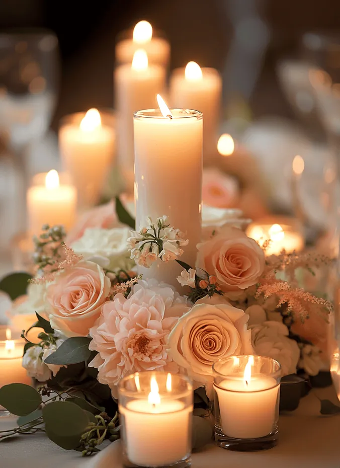 Cluster of tealight candles in glass holders on a wedding table