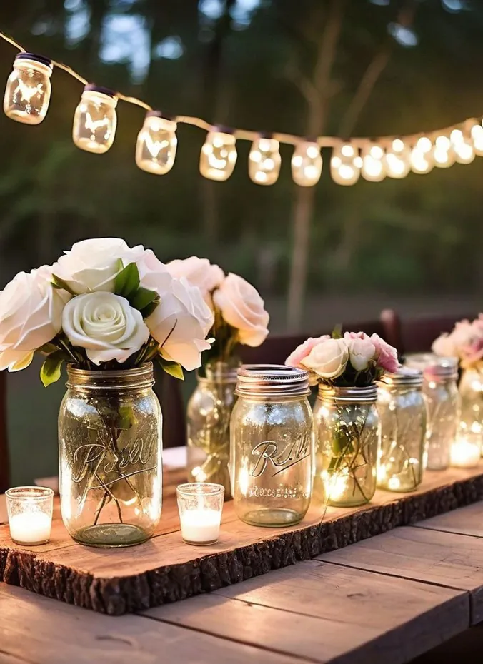 Mason jars filled with fairy lights on a wedding table