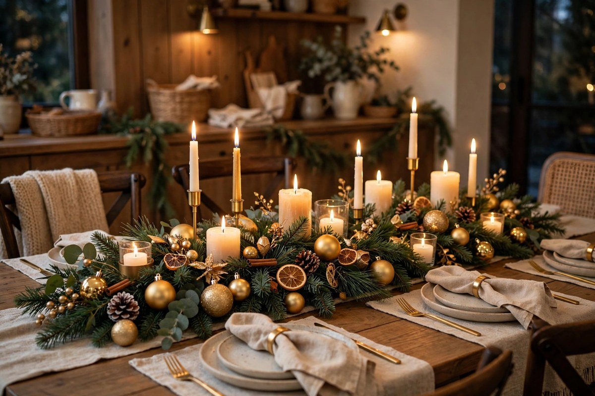 Christmas dining table centerpiece with candles, pine greenery and gold ornaments