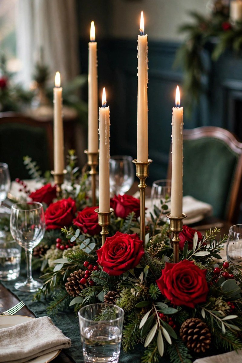 Elegant Christmas centerpiece with tall taper candles and red roses