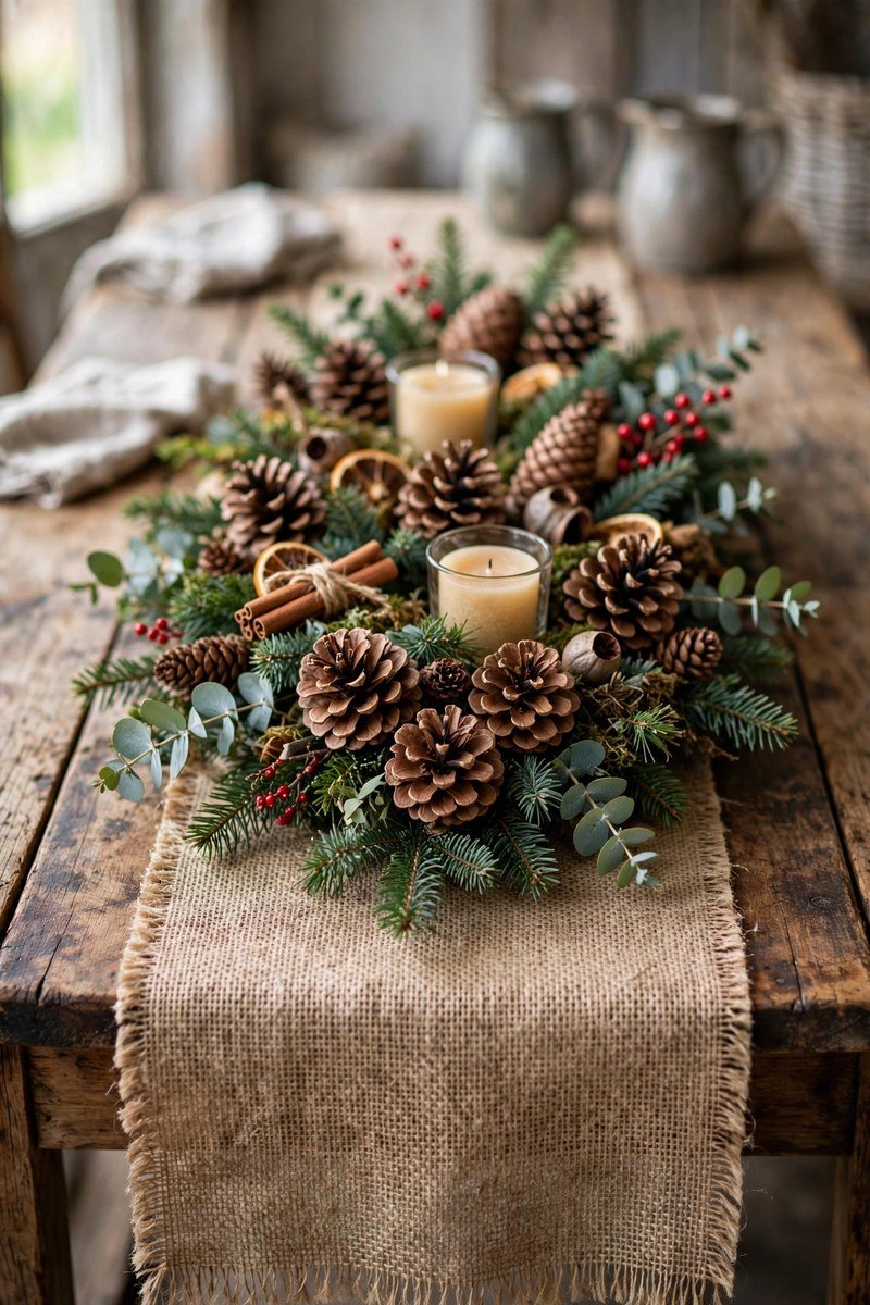 Rustic farmhouse Christmas centerpiece with pinecones and burlap runner
