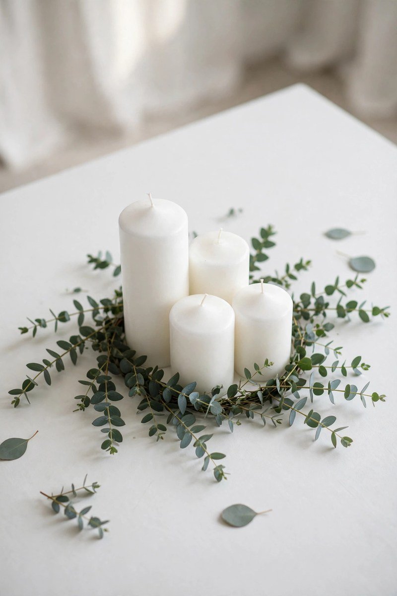 Modern minimal Christmas centerpiece with white candles and eucalyptus